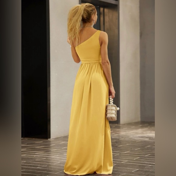 NWOT Yellow Twist Shoulder Belted Sexy Split Thigh Joyfunear Dress XL - Picture 4 of 14